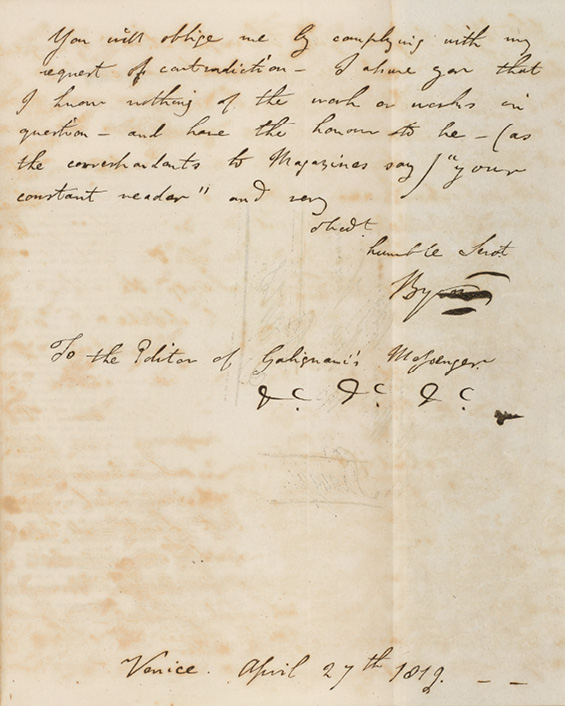 A facsimile of a letter from Byron enclosed in Galignani’s edition of <i>The Works of Lord Byron</i>, 1827. (© University of Manchester 2023)